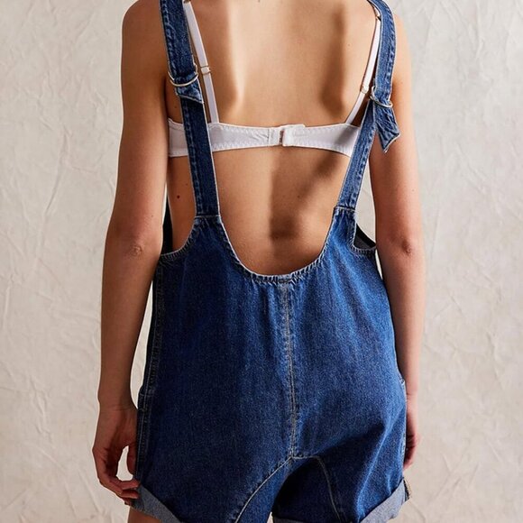 Women Casual Denim Short Overalls Rolled Cuff Barrel Shorts Jumpsuit Rompers - Picture 4 of 8